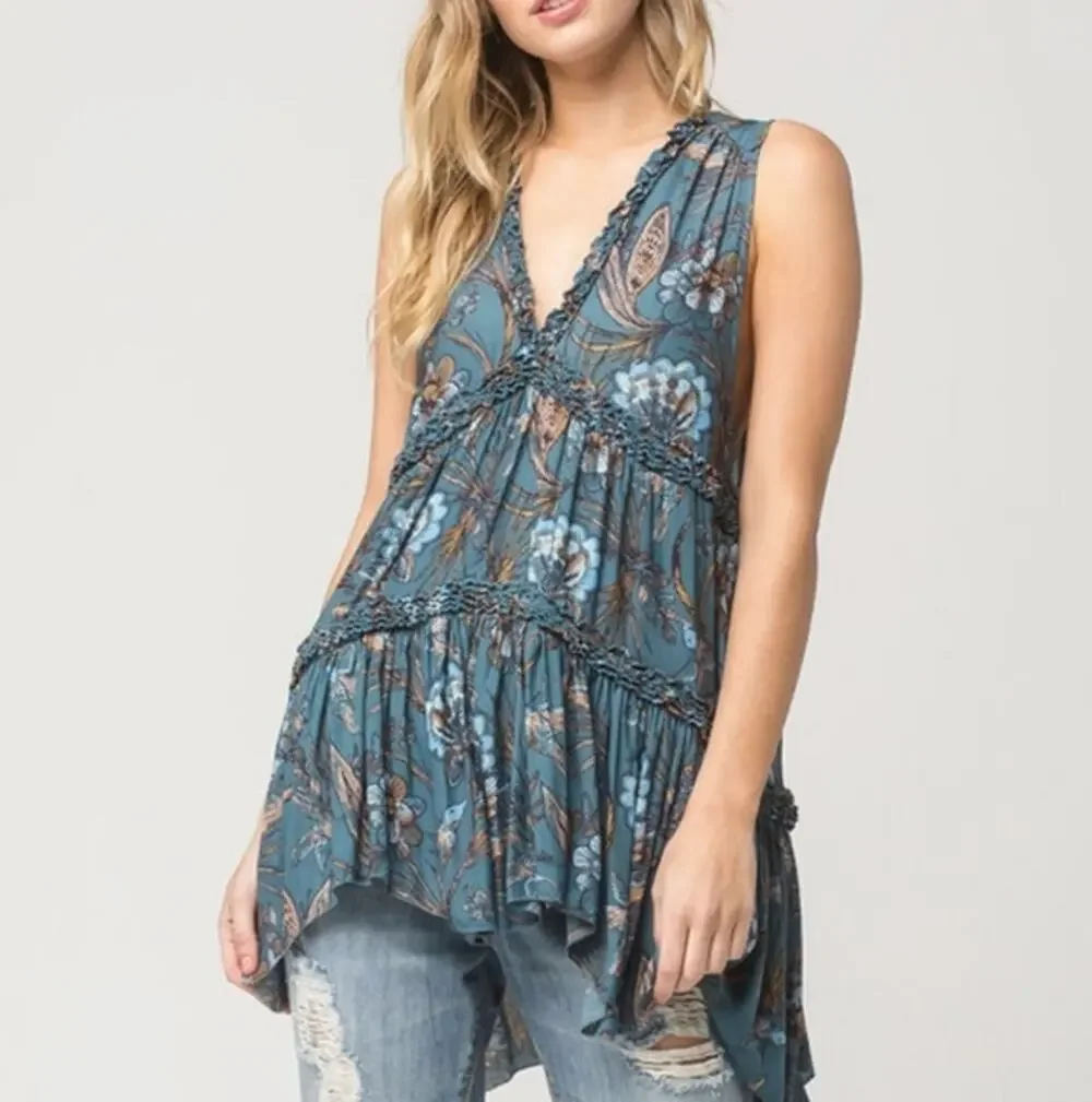 Free People Blue Haze Floral Tunic Top Boho Sleeveless Size S